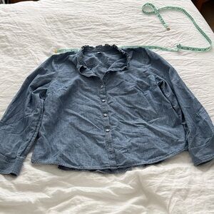 J Crew Factory Ruffle Chambray Button Down with jeweled buttons size XL